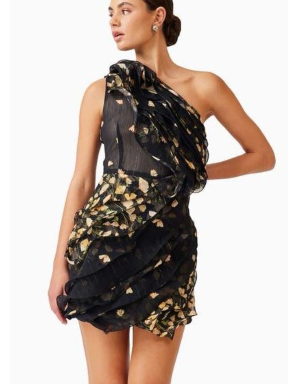 Elliatt Tulsia One Shoulder Ruffle Floral Mini Dress Black Size Large
